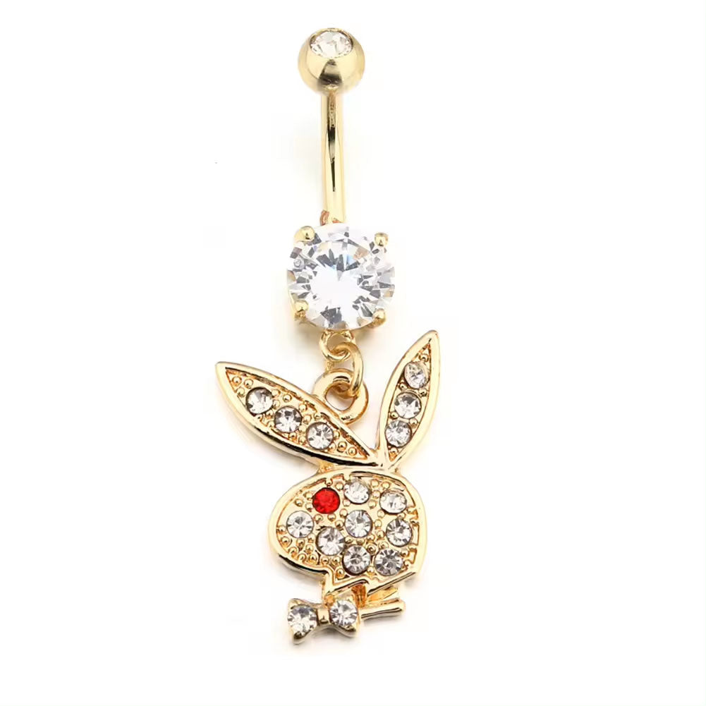 18KT Gold Plated Jewelled Playboy Dangle Belly Bar with Red Eye CZ