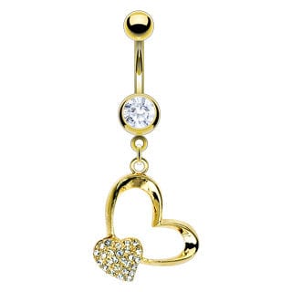 14KT Gold Plated Dangle Belly Bar with Jewelled Love Heart - Body Jewelry Australia