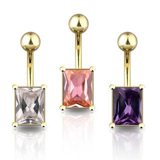 14KT Gold Plated Belly Bar with Rectangle CZ - Purple - Body Jewelry Australia