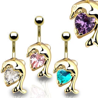 14KT Gold Plated Belly Bar with Clear CZ amd Dolphin - Body Jewelry Australia