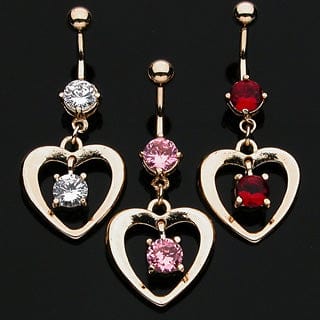 14KT Gold Plated Dangle Belly Bar with Heart CZs - Red - Body Jewelry Australia