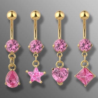 14KT Gold Plated Dangle Belly Bar with Pink CZs - Diamond - Body Jewelry Australia