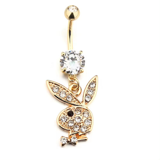 18KT Gold Plated Jewelled Playboy Dangle Belly Bar with Black Eye CZ