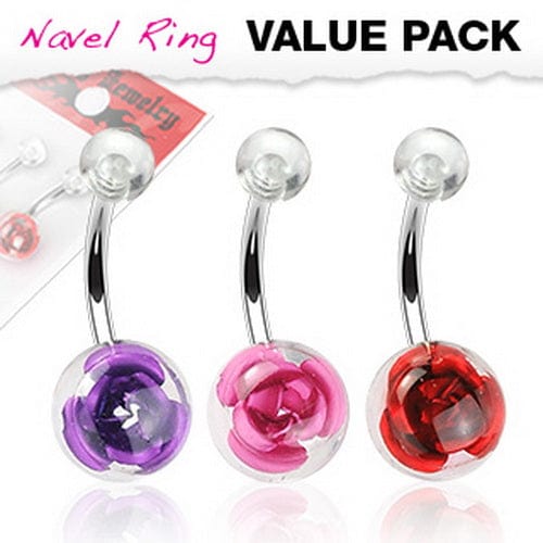 3 x Surgical Steel Gold Plated Belly Bars with  Rose in Avrylic Clear Ball - Body Jewelry Australia