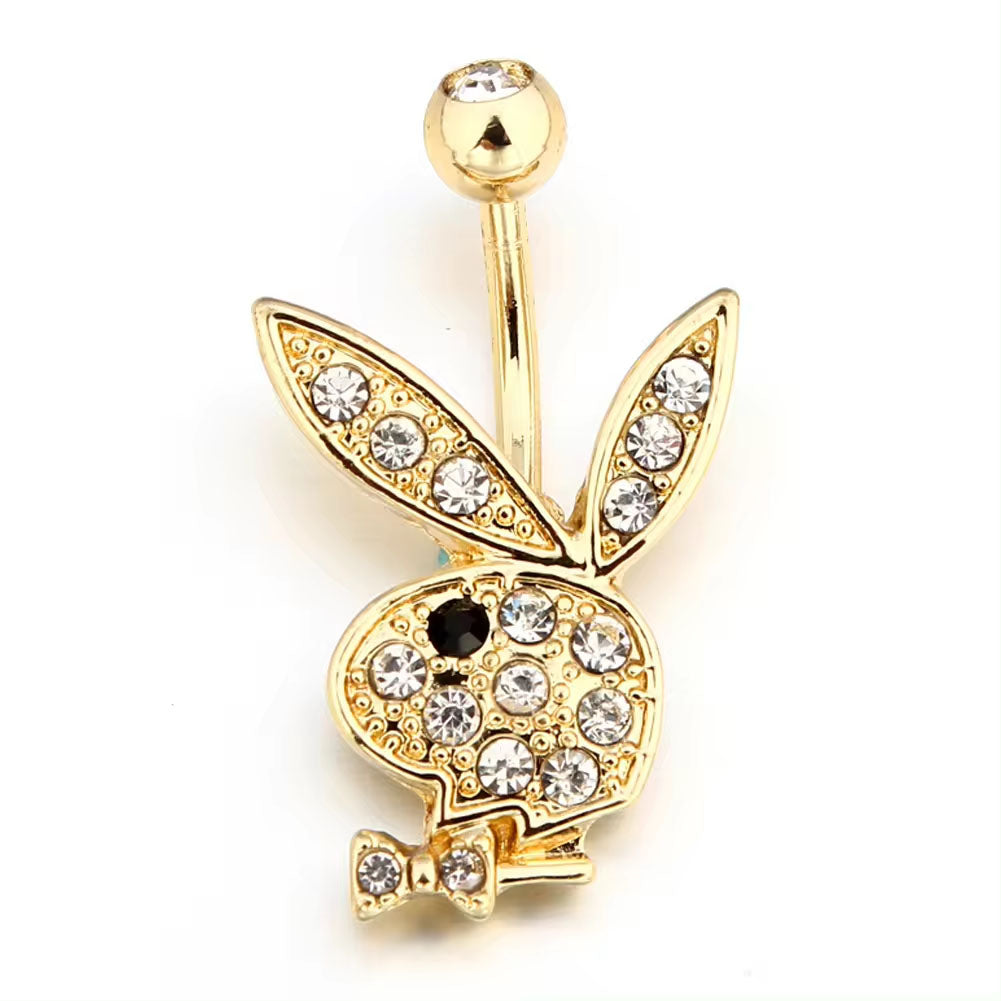 18KT Gold Plated Jewelled Playboy Belly Bar with Black Eye CZ