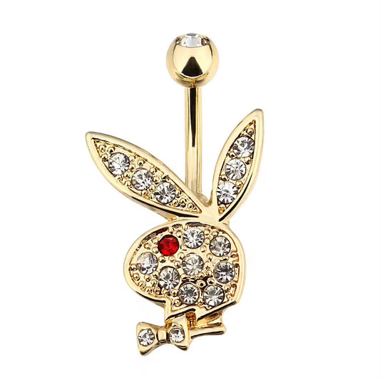 18KT Gold Plated Jewelled Playboy Belly Bar with Red Eye CZ