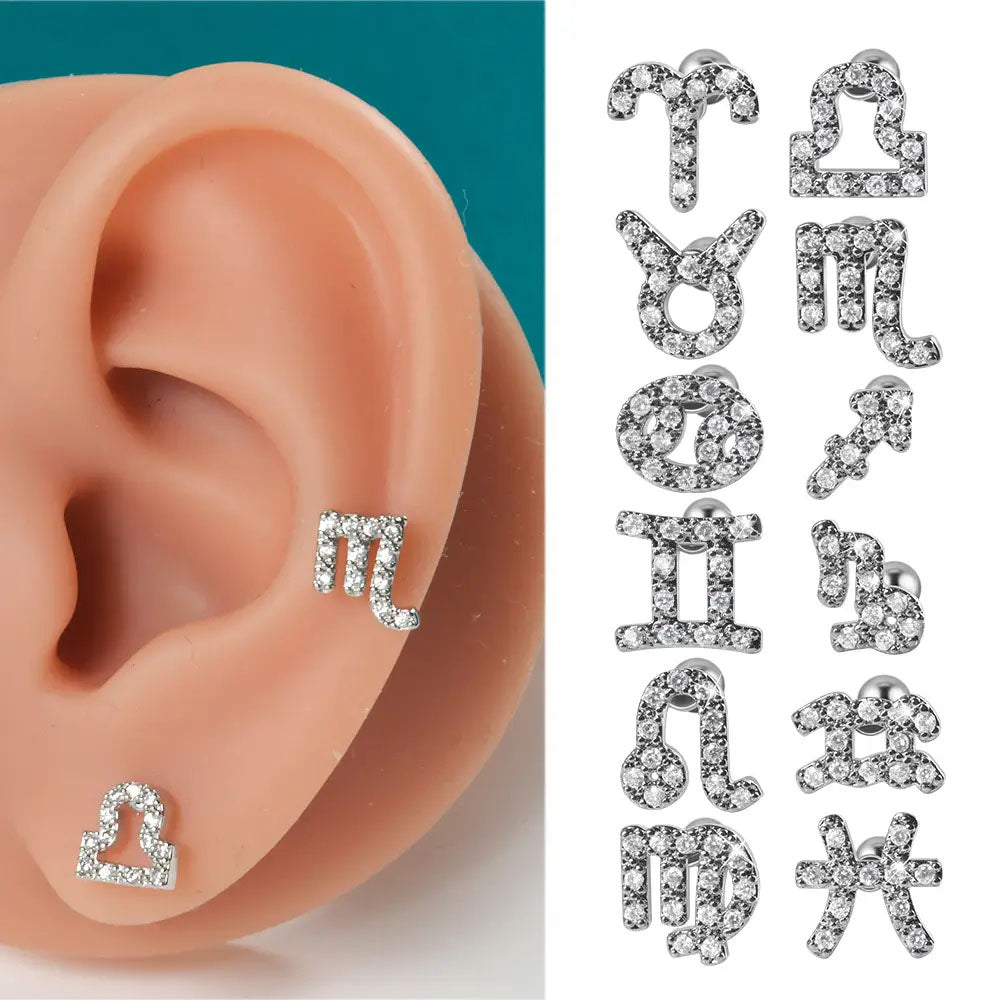 316L Stainless Steel Surgical Steel Pave Zircon Zodiac Sign Cartilage Earrings Helix Tragus Conch 20 GA