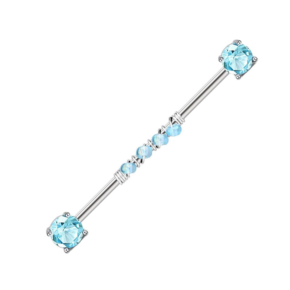 316L Surgical Steel Industrial Barbell 38 mm Aqua CZ Silver Post 14 GA