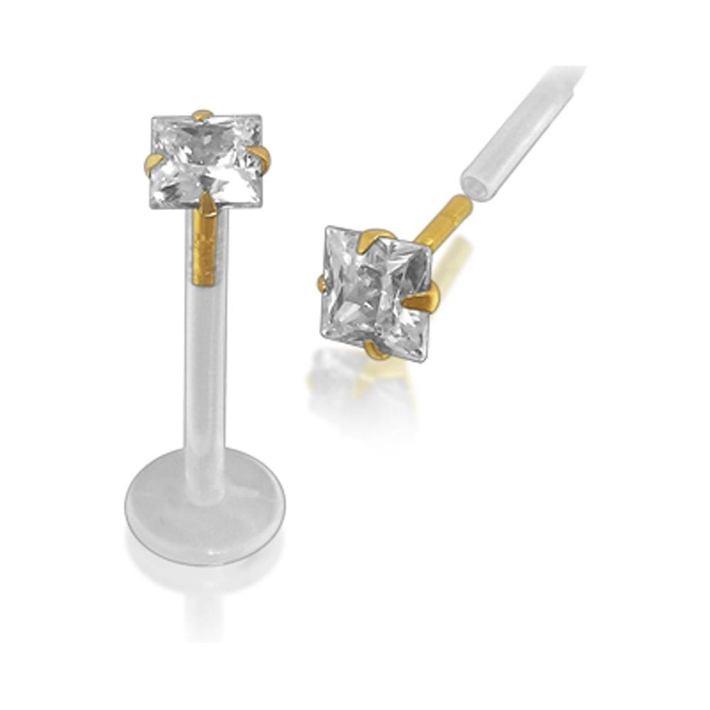 Bioplast Labret with 14 KT Gold Head and 2.0 mm Square CZ - Body Jewelry Australia