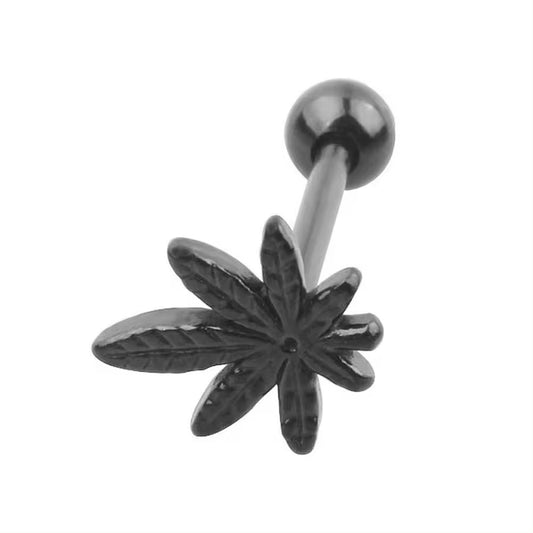 316L Surgical Steel Tongue Bar with Cannabis Leaf - Black