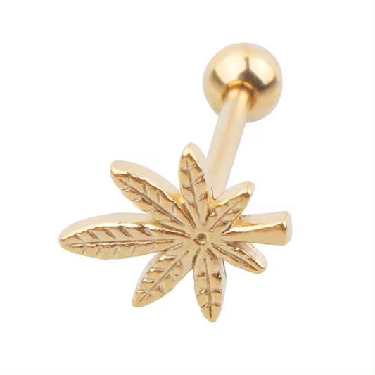 316L Surgical Steel Tongue Bar with Cannabis Leaf - Gold