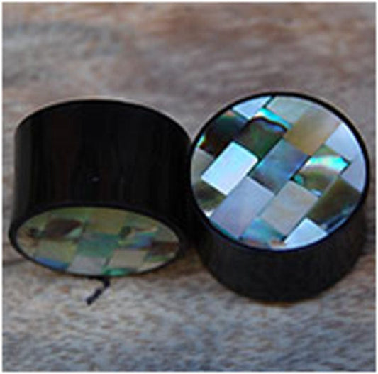 One Pair of Organic Horn Ear Plugs with Paua and Mother of Pearl Inlay - Body Jewelry Australia