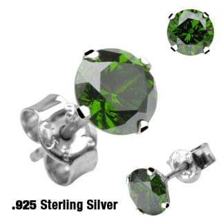 One Pair of Sterling Silver with 4mm Round Green CZ Ear Studs - Body Jewelry Australia