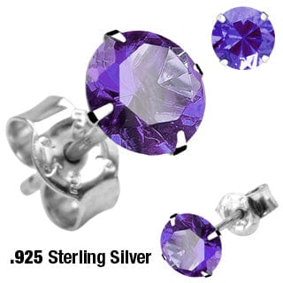 One Pair of Sterling Silver with 4mm Round Purple CZ Ear Studs - Body Jewelry Australia