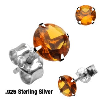 One Pair of Sterling Silver with 4mm Round Amber CZ Ear Studs - Body Jewelry Australia