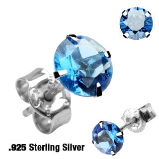 One Pair of Sterling Silver with 4mm Blue Amber CZ Ear Studs - Body Jewelry Australia