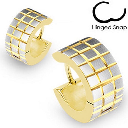 Pair of Surgical Steel Gold Plated Hoop Earrings Two Tone Gold And Steel Checker Hinged Snap - Body Jewelry Australia