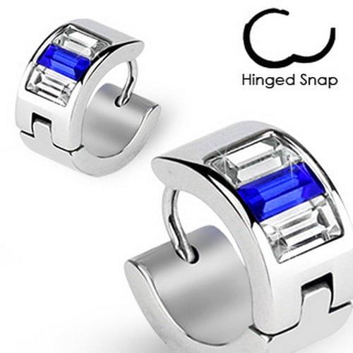 Pair of 316L Stainless Steel Hinged Hoop Earring with Blue and Clear CZs - Body Jewelry Australia