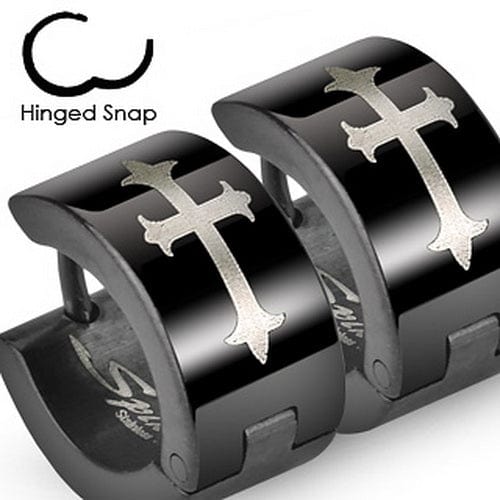 Pair of 316L Stainless Steel Black Hinged Wide Hoop Earring with Gothic Medieval Cross Print - Body Jewelry Australia