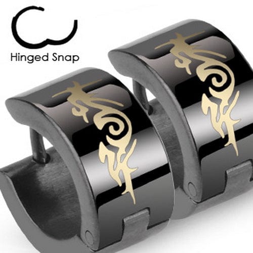 Black Hinged Hoop Earring Pairs W/ Gold Tribal Design - Body Jewelry Australia