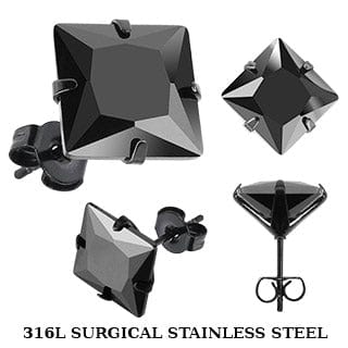 One Pair of 4mm Square Prong Set  Black Onyx Ear Studs - Body Jewelry Australia