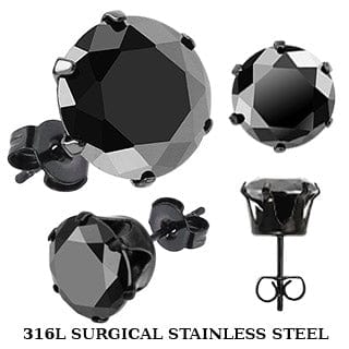 One Pair of 4mm Round Prong Set  Black Onyx Ear Studs - Body Jewelry Australia