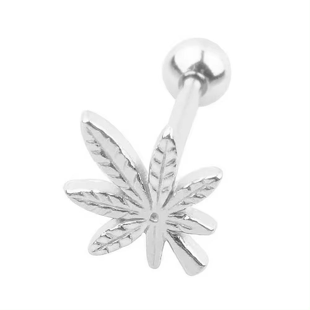 316L Surgical Steel Tongue Bar with Cannabis Leaf - Silver