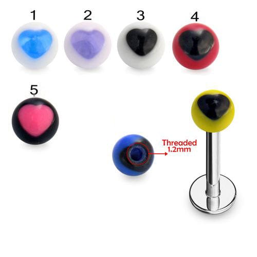 Surgical Steel Labret with Love Heart Acrylic Ball - Body Jewelry Australia