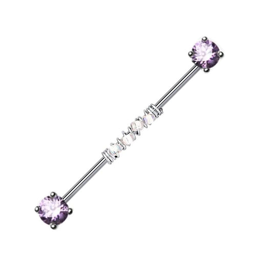 316L Surgical Steel Industrial Barbell 38 mm Purple Cz Silver Post 14 GA