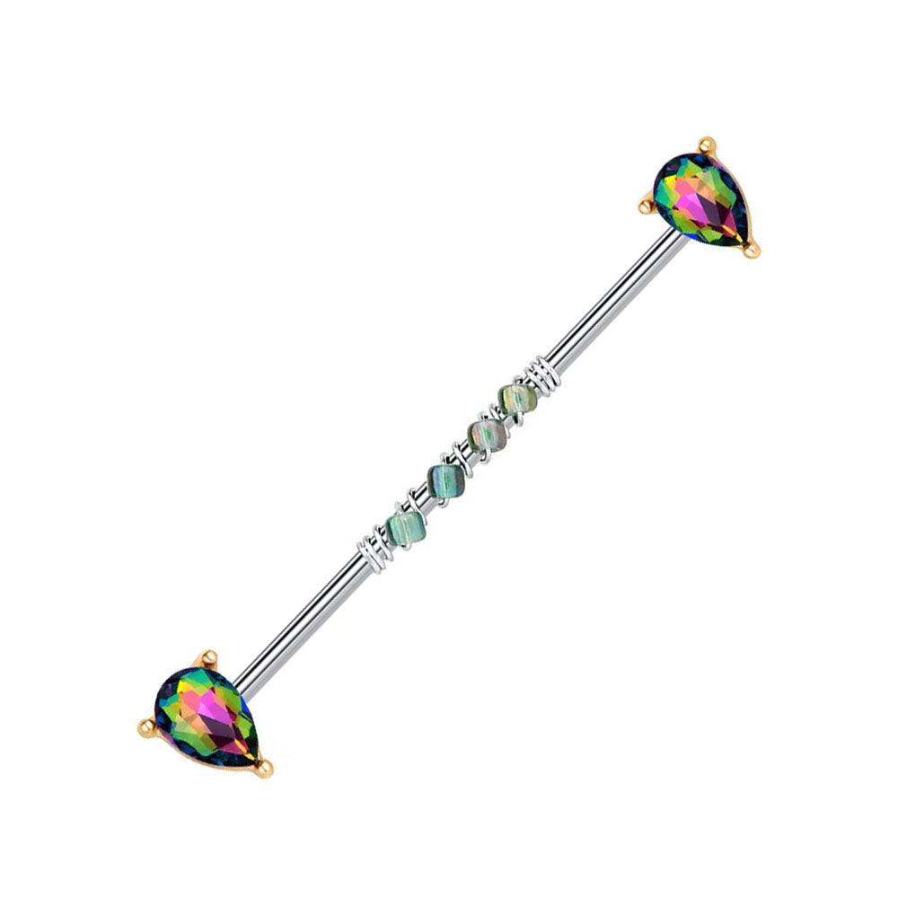 316L Surgical Steel Industrial Barbell 38 mm Vitrail Water Drop CZ Silver Post 14 GA